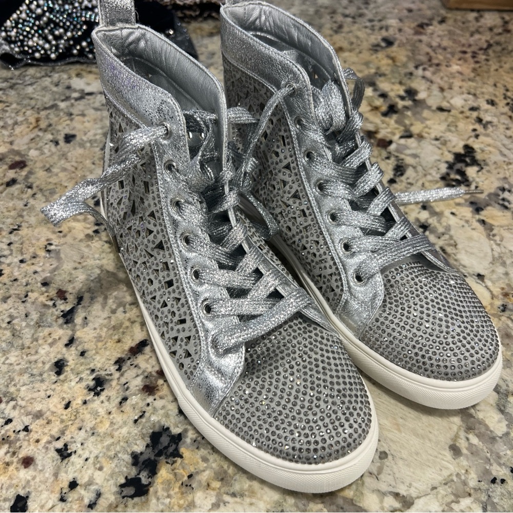 Silver Glitter High-Top Sneakers with White Soles